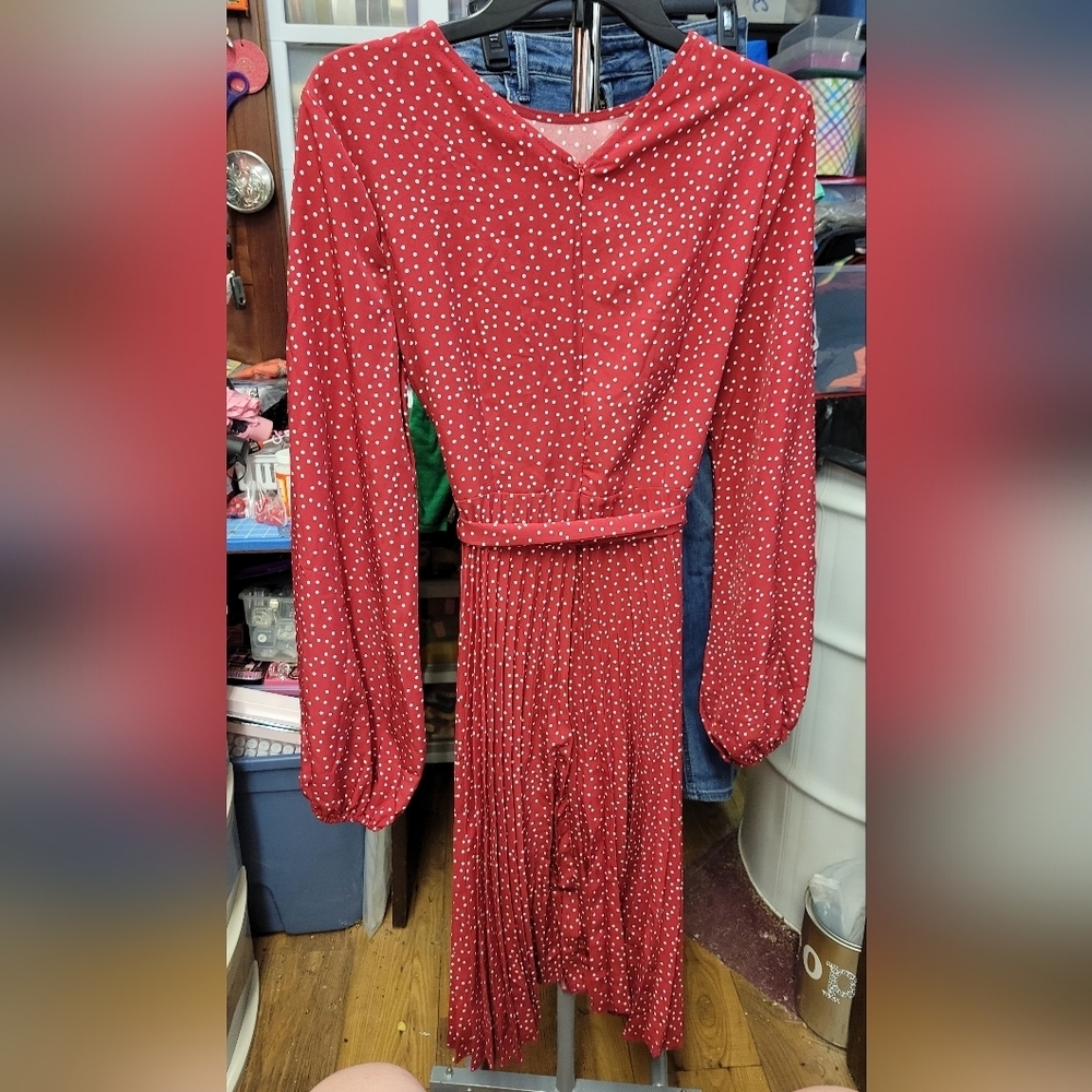 Zip Up Long Sleeve Red Polka Dot Tie Belted Pleated Skirt of Dress Medium - Picture 5 of 9